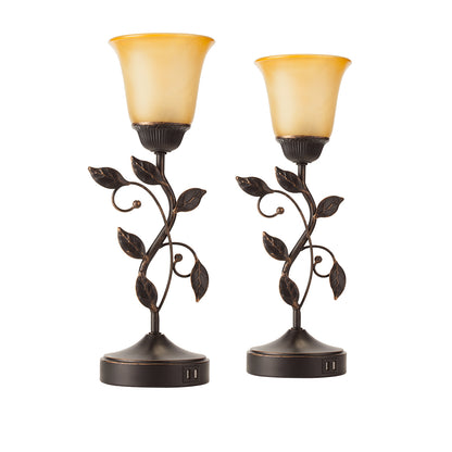 2Pc Forever Rose Table Lamps w. USB, Bronze Metal, Glass Lampshade