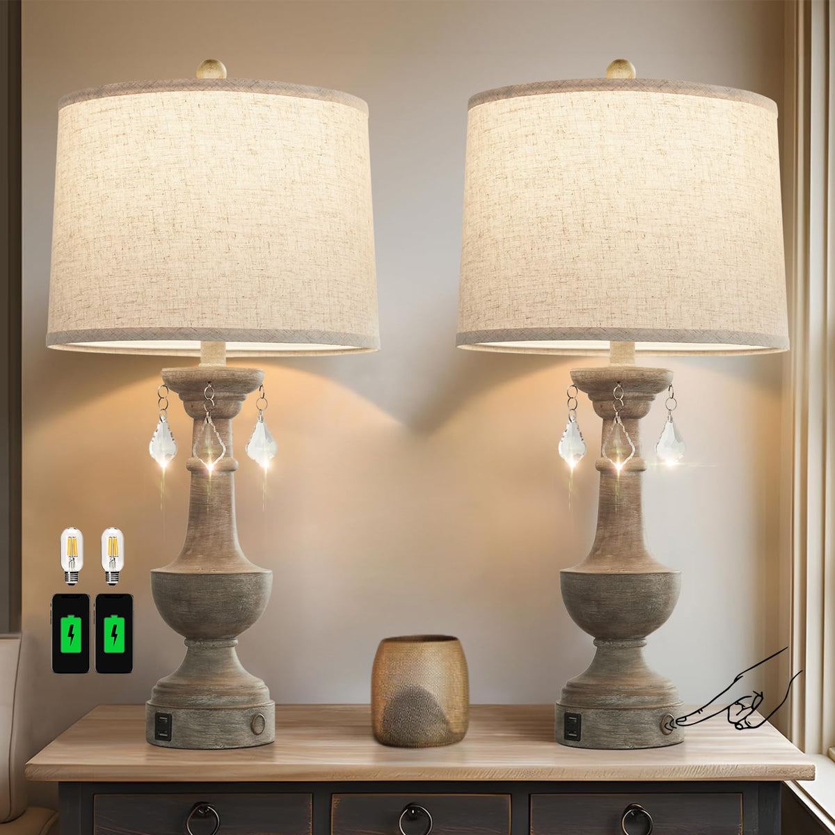 JUJUYUYOP Three-Level Dimmable Table Lamps Set of 2, with Usb Port, 25" Farmhouse-Style Touch Bedside Lamp, Suitable for Living Room, Bedroom, Nightstand(Bulb included)