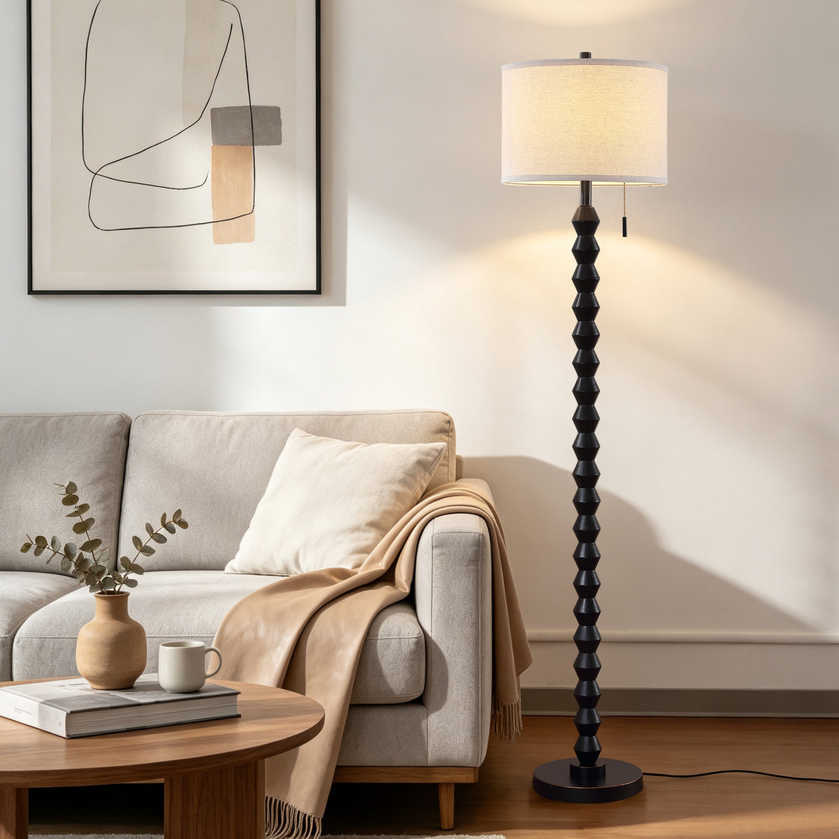 RORIA 65”Black Solid Wood Floor Lamp, with a Round Linen Shade and Pull Cord Switch,modern Standing Lamp,for Living Room, Bedrooms, and Offices（bulb included）