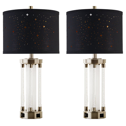 2Pc Fusion Crystal Table Lamps w. Night Light & USB, Nickel Metal+Acrylic, Black Starry Lampshade