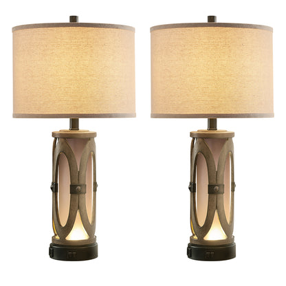 26" Farmhouse Table Lamp with USB Ports, Night Light (set of 2)