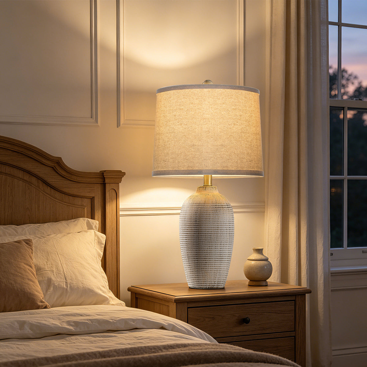 RORIA 25" White Ceramic Table Lamps Set of 2, Rustic-Style Bedside Lamps,With Round Linen Shades, for Bedrooms, Living Room, and Offices.