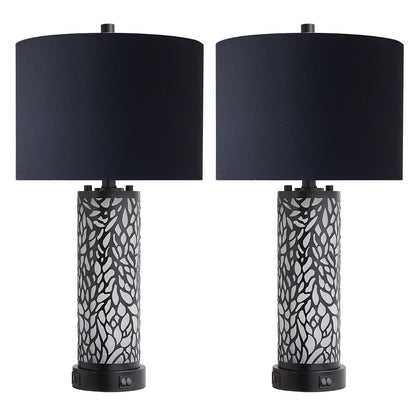 2Pc Geo Sculptural Table Lamps w. Night Light & USB, Black Metal+Glass, Black Lampshade