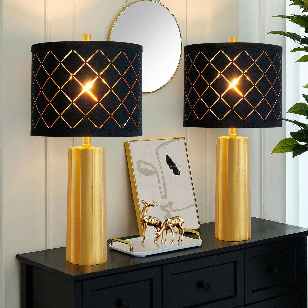 RORIA 24"Modern Table Lamps Set of 2, Gold Rustic Bedside Lamp with Black Mesh Shade for Living Room, Bedroom, Nightstand, Coffee Table (Includes 2 Bulbs)