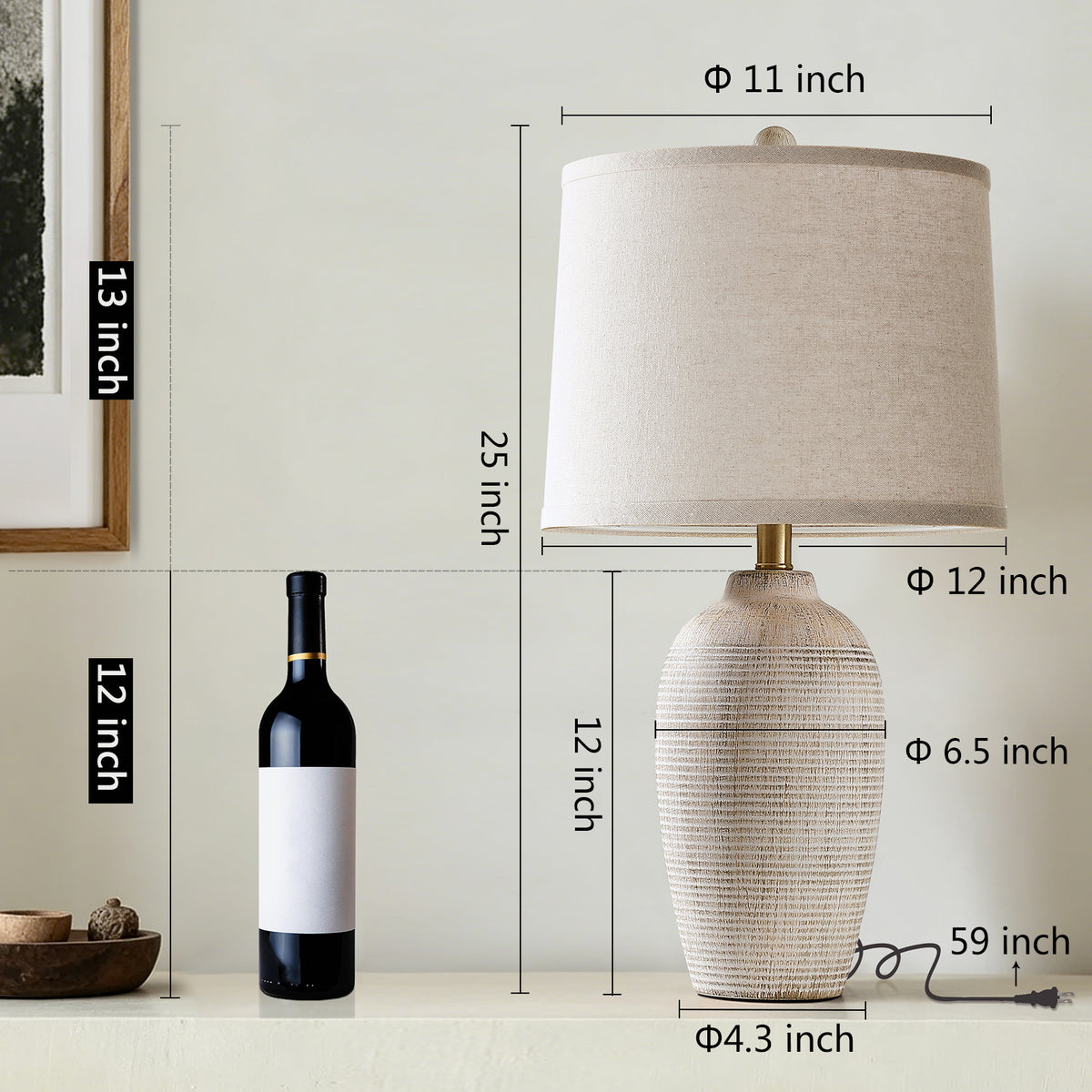 RORIA 25" White Ceramic Table Lamps Set of 2, Rustic-Style Bedside Lamps,With Round Linen Shades, for Bedrooms, Living Room, and Offices.
