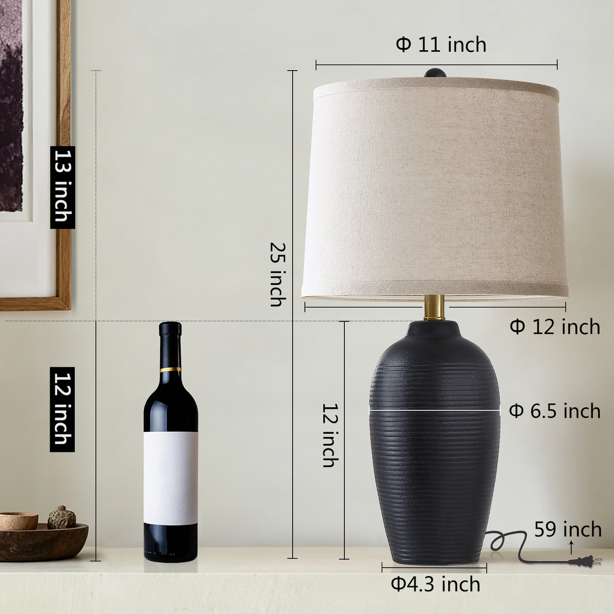 RORIA 25" Black Ceramic Table Lamps Set of 2, Modern-Style Bedside Lamps with Round Linen Shades, for Bedrooms and Living Room.