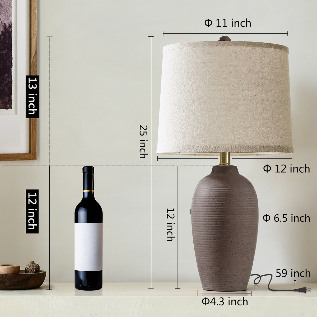 RORIA 25" Grey Textured Ceramic Table Lamps Set of 2,with Linen Drum Shade, Farmhouse Bedside Lamps for Living Room Bedroom, Bulbs Included