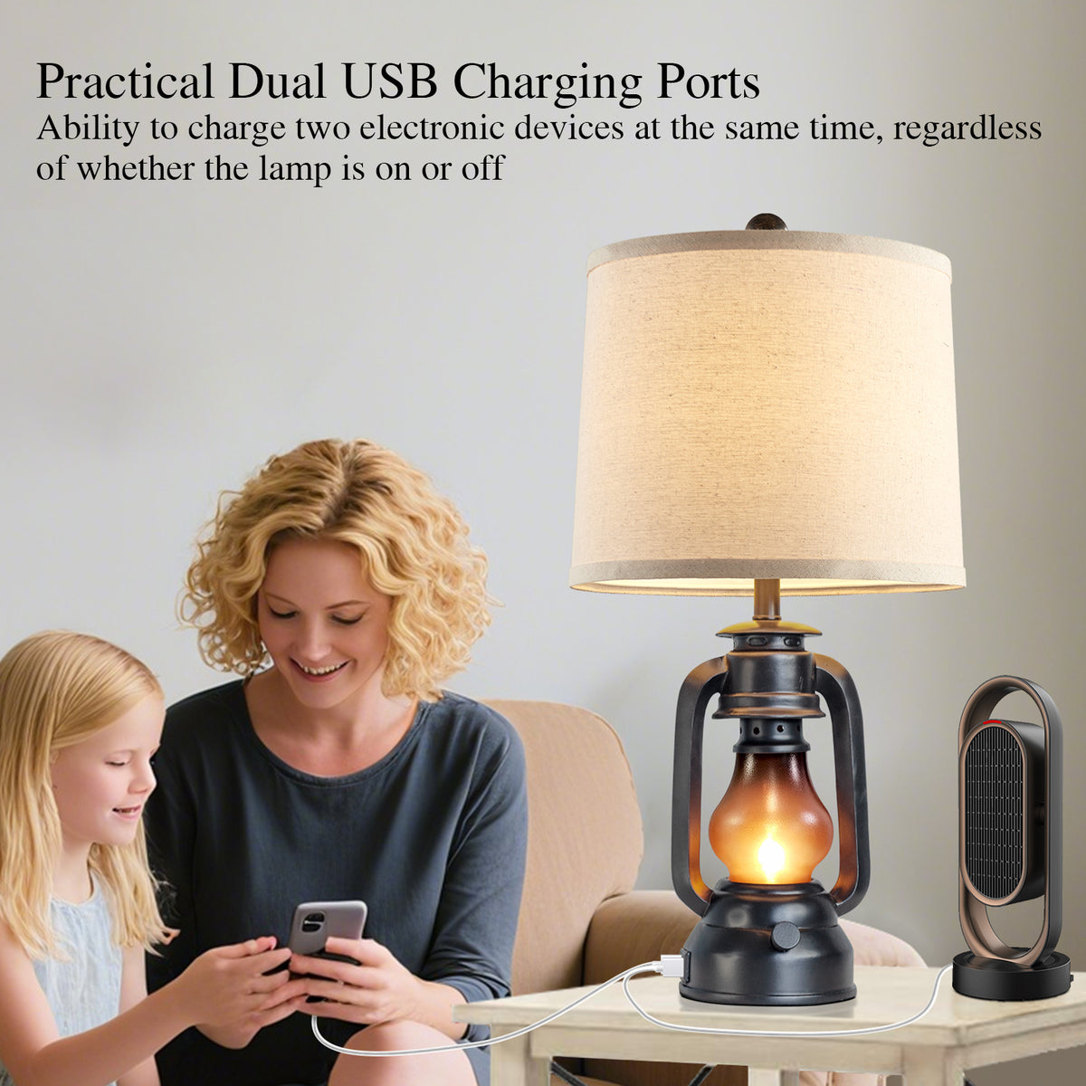 JUJUYUYOP 22" Farmhouse Lantern Table Lamps Set of 2 with Dual USB Charging Ports, for Living Room and Bedrooms, Includes 4 Bulbs