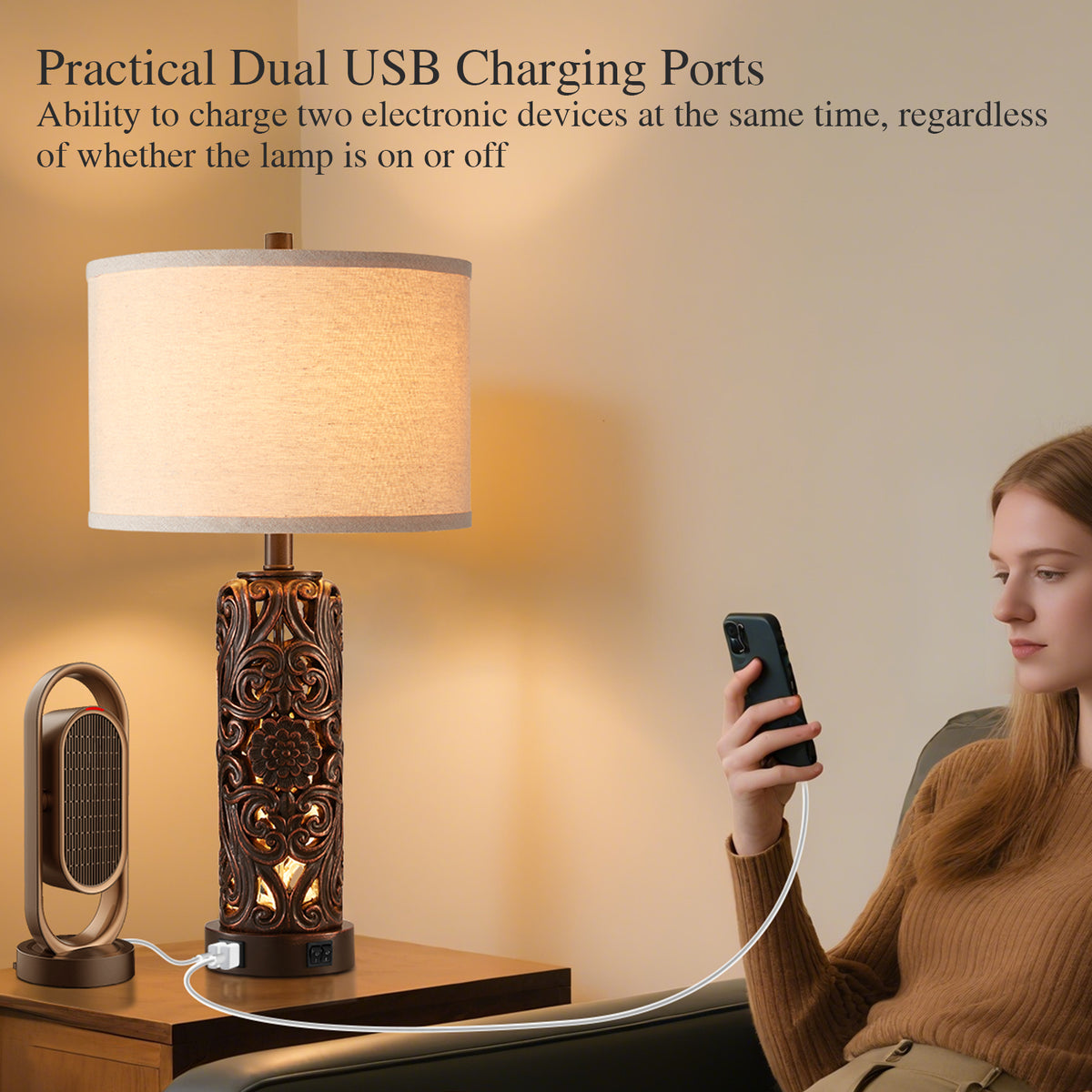 RORIA Set of 2 25" Farmhouse Table Lamps with USB-C&A Ports, Linen Shade, Hollow Resin Base with Independent Night Light, for Bedroom Living Room