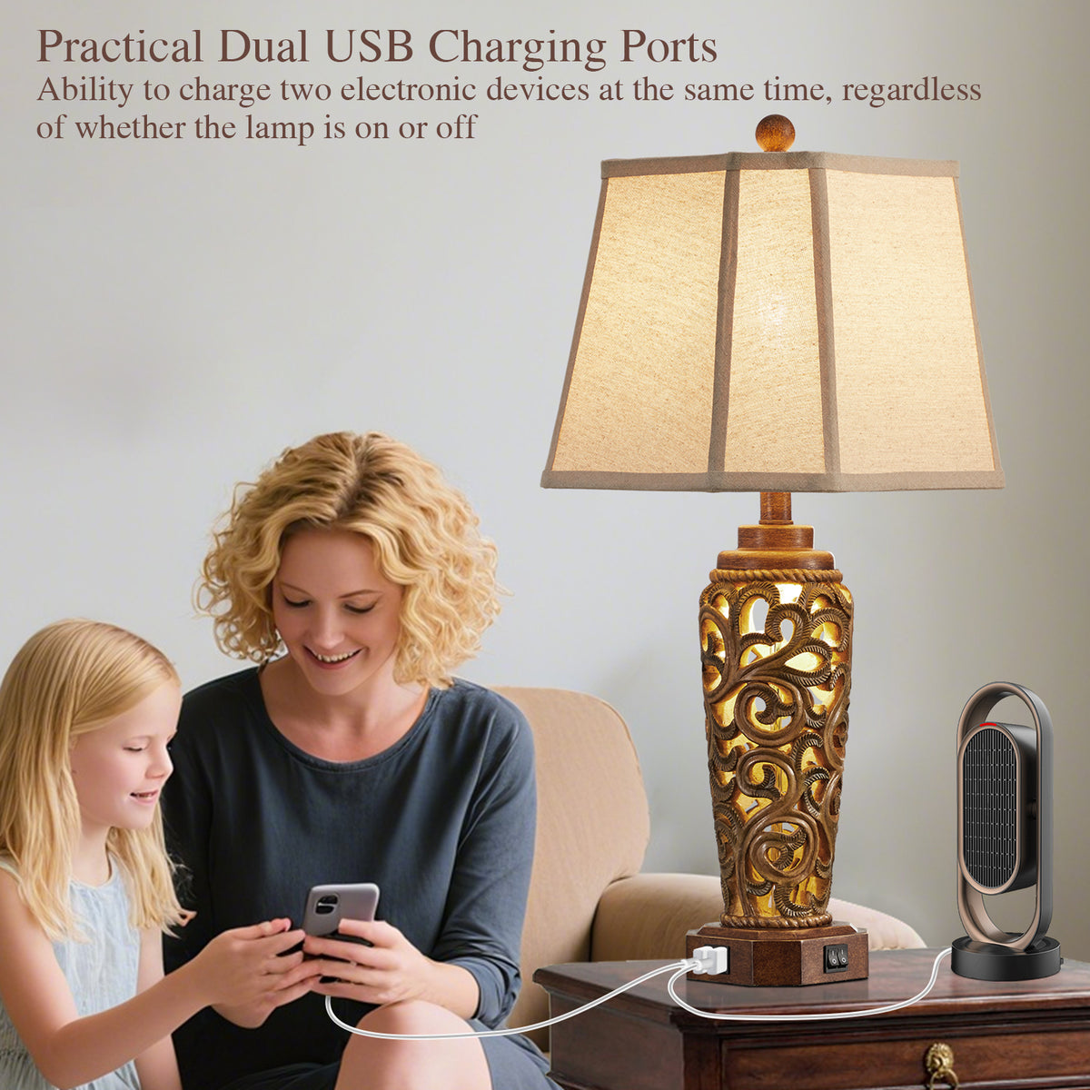 JUJUYUYOP 27" Living Room Farmhouse Table Lamps Set of 2 with Dual USB Ports Red-Brown Resin Vintage Bedside Table Lamp ，Suitable for entryways and offices (bulb included)