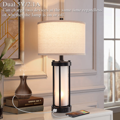 RORIA 24"Modern Living Room Table Lamps Set of 2, with Dual USB-C&A Charging Ports, Built-in Frosted White Glass Night Light, Black Retro Country Farmhouse Style, for Bedroom Bedside Lamps