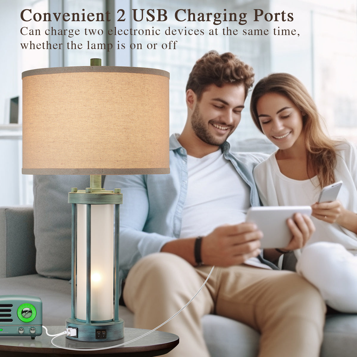 RORIA 24" Country-Style Table Lamps Set of 2, Featuring USB-C&A Ports, Metal Frame, and Glass Base, with Separate Night Light Function, for Bedrooms, Living room, and Offices.