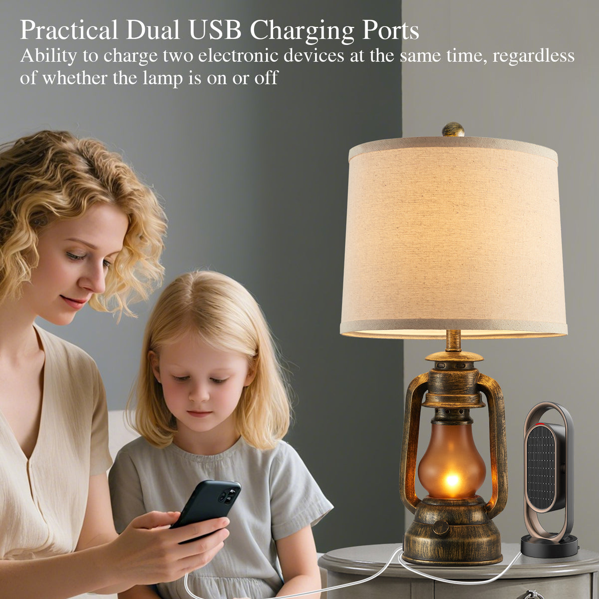 JUJUYUYOP 22" Farmhouse Rustic Lantern Table Lamps Set of 2, Featuring Dual USB Charging Ports, for Living Room, Bedrooms, and Study Areas, Includes 4 Bulbs