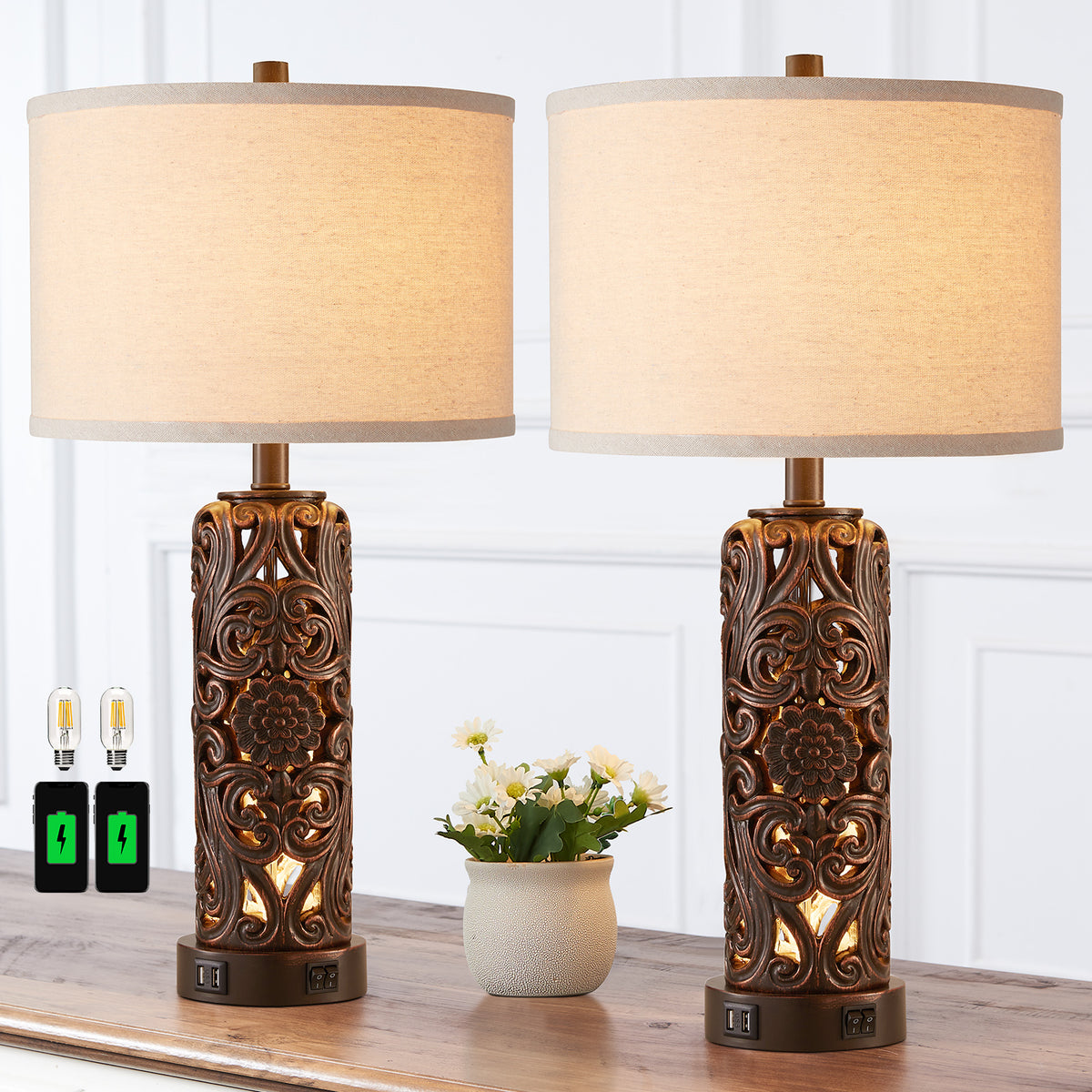 RORIA Set of 2 25" Farmhouse Table Lamps with USB-C&A Ports, Linen Shade, Hollow Resin Base with Independent Night Light, for Bedroom Living Room