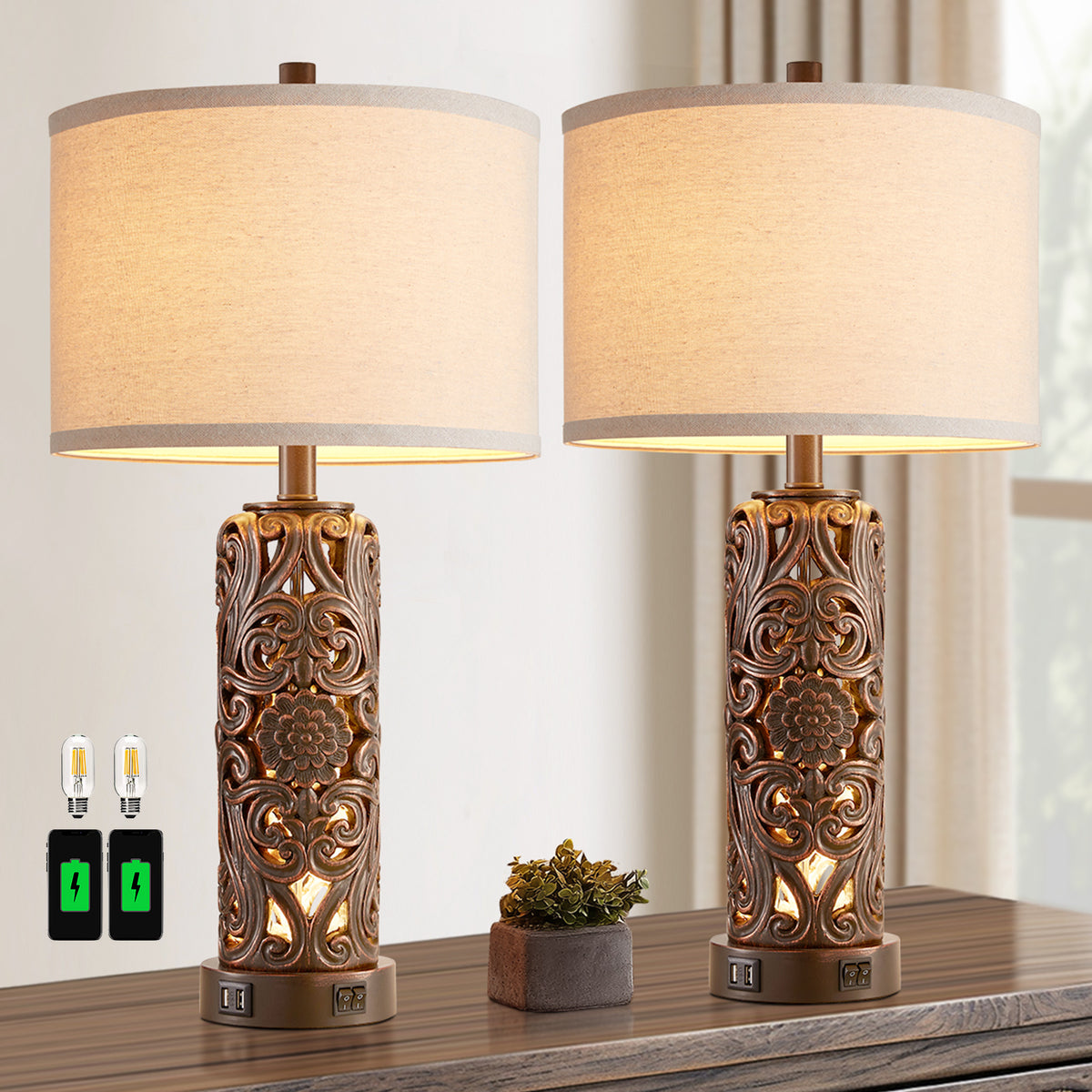 RORIA Set of 2 25" Farmhouse Table Lamps with USB-C&A Ports, Linen Shade, Hollow Resin Base with Independent Night Light, for Bedroom Living Room