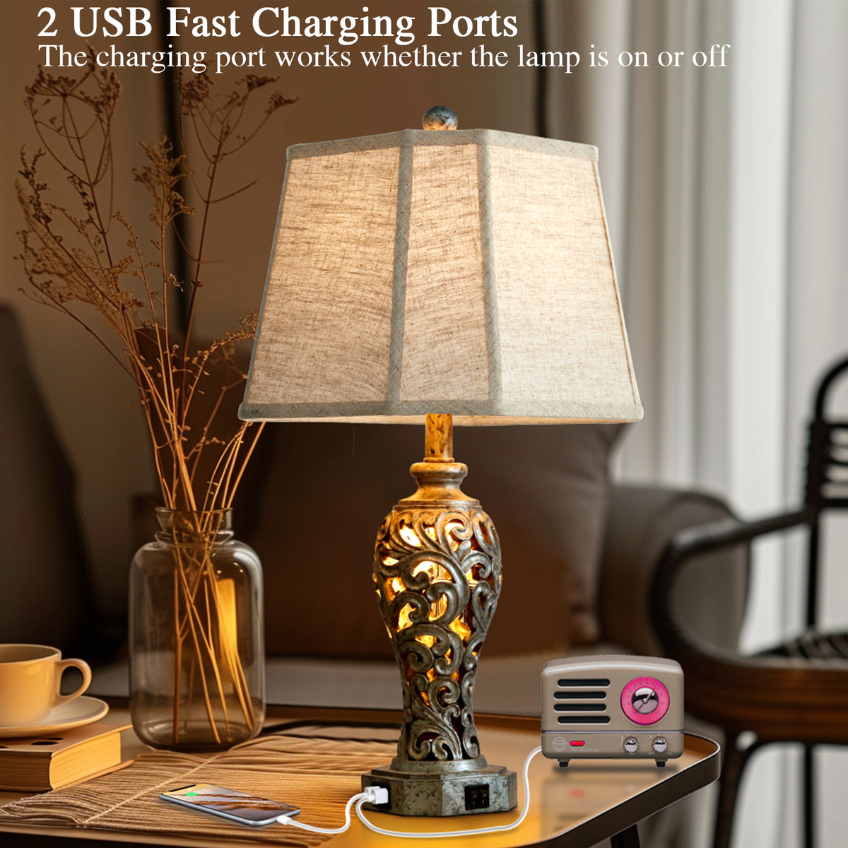 RORIA Set of 2 Table Lamps, 25” Farmhouse-Style Bedside Lamps with USB-A&C Charging Ports, Hollow Resin Base with Built-in Night Light,for Bedrooms, Living Room, and Offices