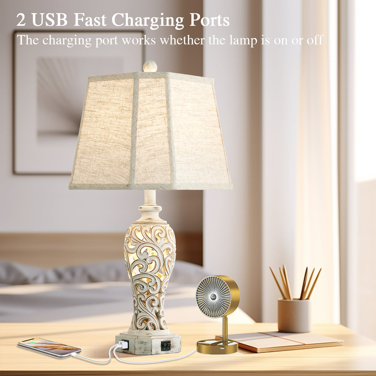 RORIA 25" Living Room Table Lamps Set of 2, Hollow Resin Farmhouse Rustic Bedside Lamp with 2 USB Charging Ports and Night Light, for Bedroom Nightstands