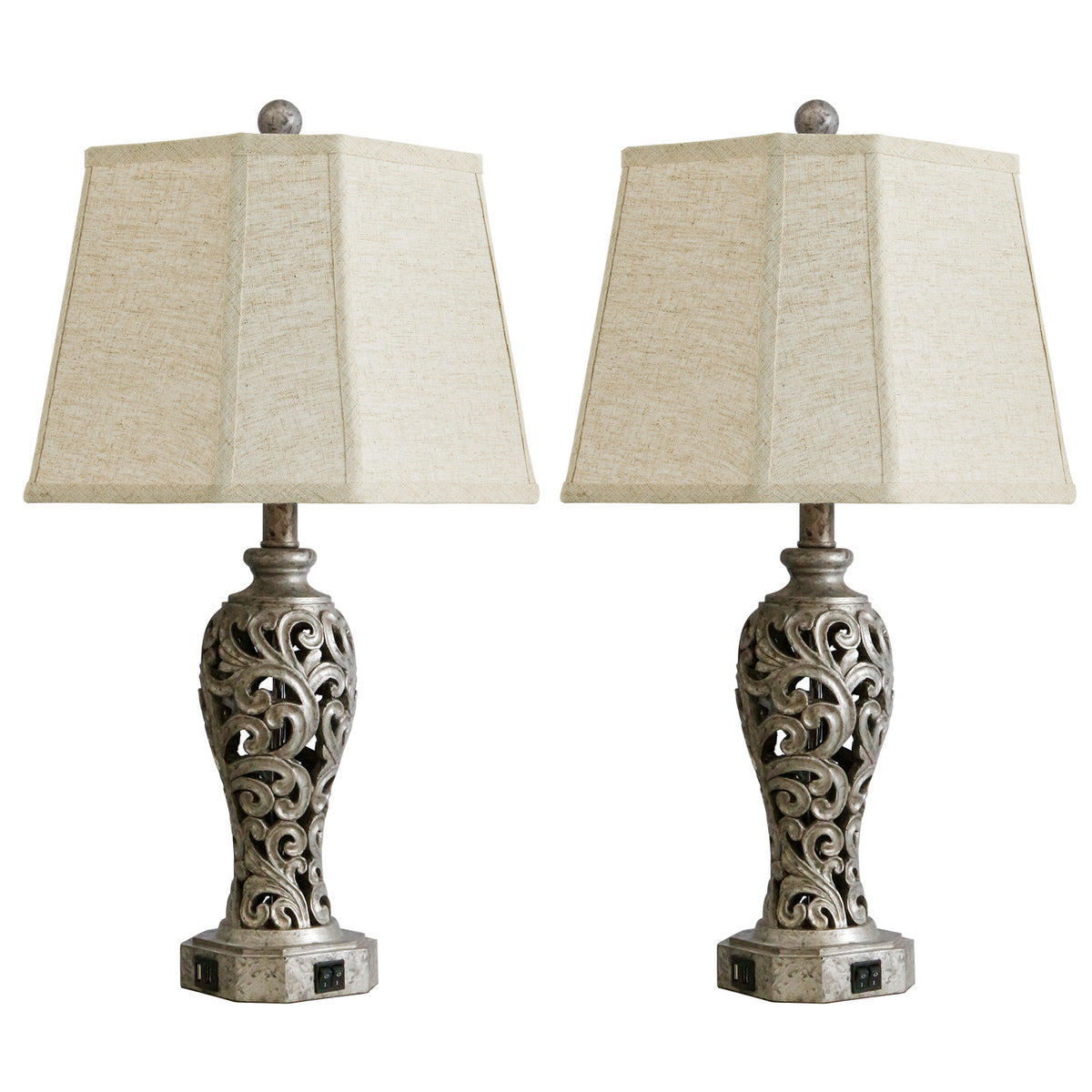 RORIA Set of 2 Table Lamps, 25” Farmhouse-Style Bedside Lamps with USB-A&C Charging Ports, Hollow Resin Base with Built-in Night Light,for Bedrooms, Living Room, and Offices