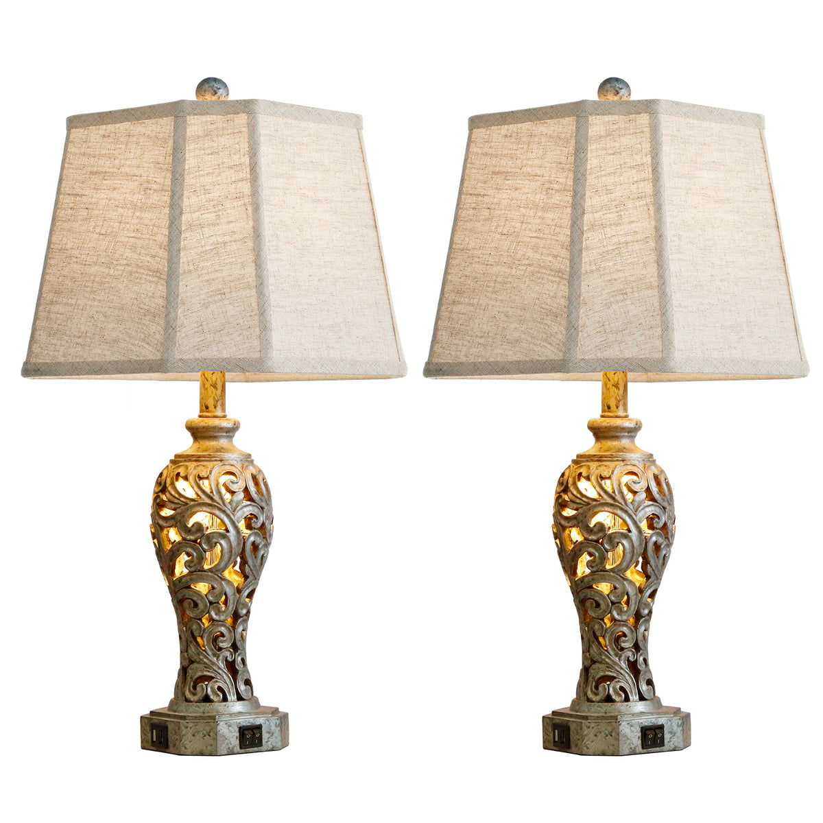 RORIA Set of 2 Table Lamps, 25” Farmhouse-Style Bedside Lamps with USB-A&C Charging Ports, Hollow Resin Base with Built-in Night Light,for Bedrooms, Living Room, and Offices