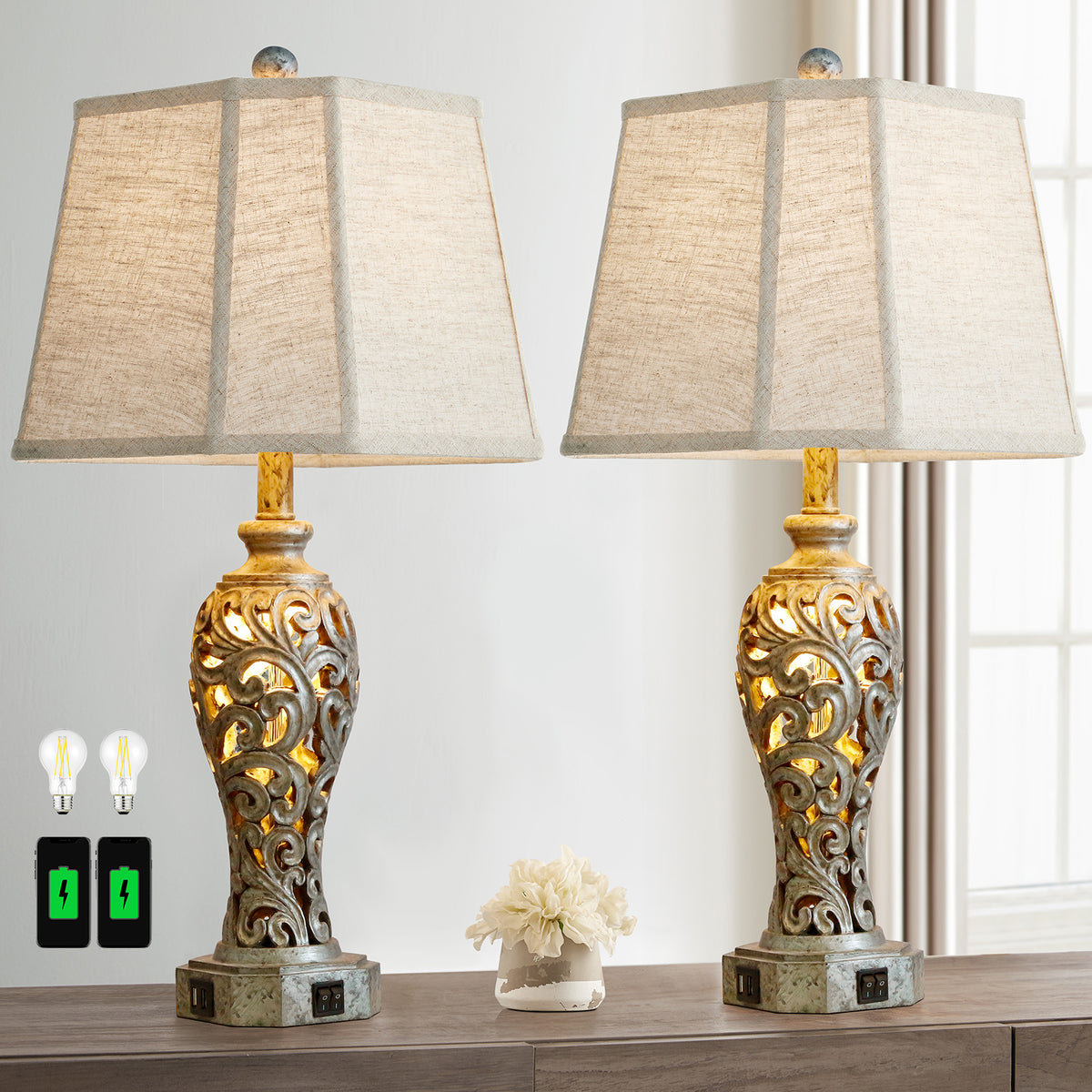 RORIA Set of 2 Table Lamps, 25” Farmhouse-Style Bedside Lamps with USB-A&C Charging Ports, Hollow Resin Base with Built-in Night Light,for Bedrooms, Living Room, and Offices