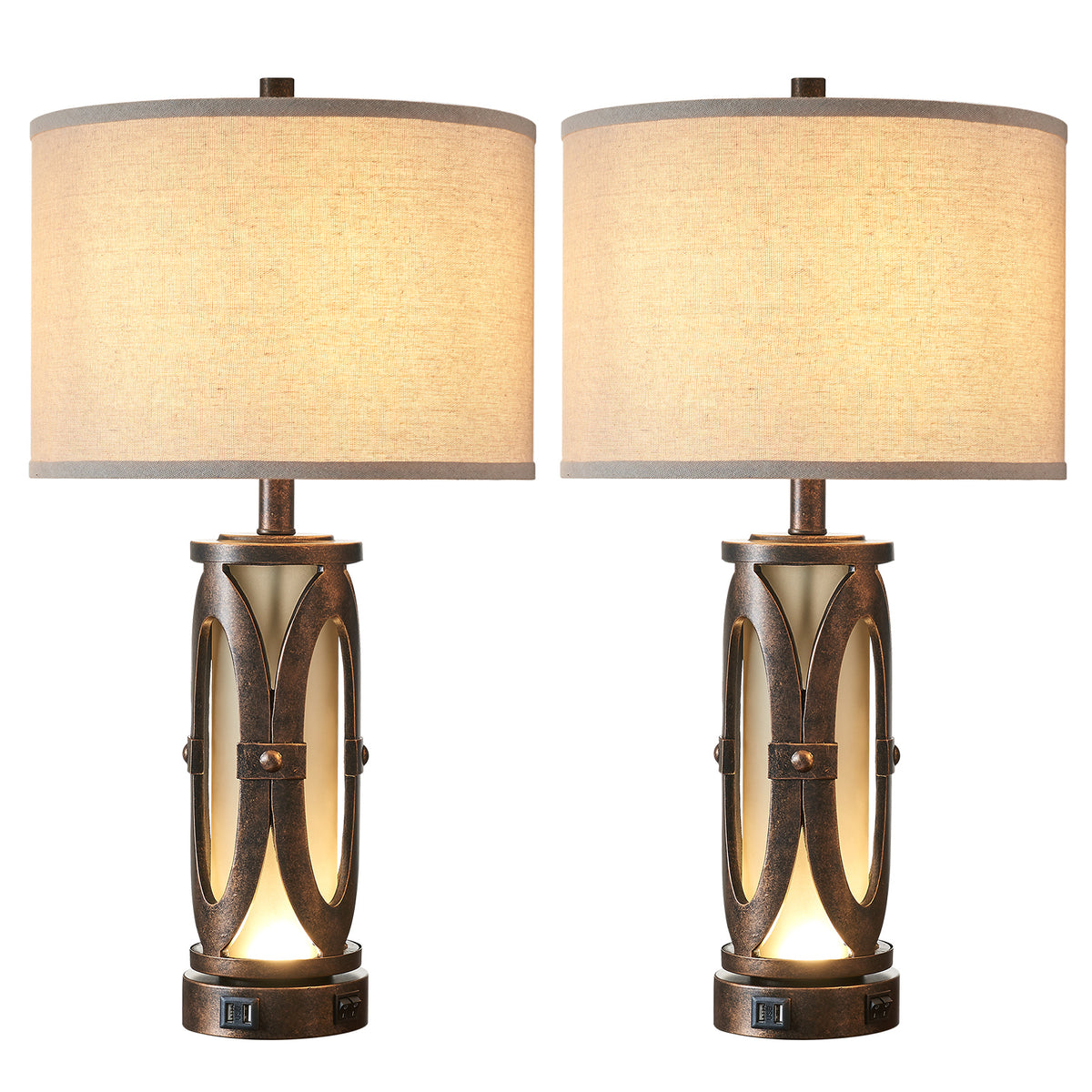Rohopeto Table Lamps Set of 2 with USB A+C Ports Vintage Country Style 25"Bedside Nightstand Lamps Dual SwitchNightlight，Bedside Lamps for Living Room Bedroom（Bulbs Included）