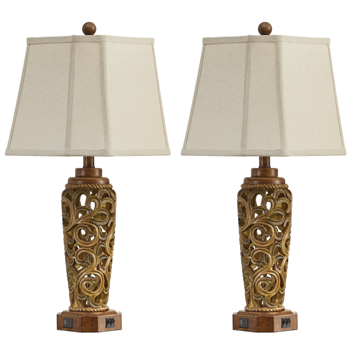JUJUYUYOP 27" Living Room Farmhouse Table Lamps Set of 2 with Dual USB Ports Red-Brown Resin Vintage Bedside Table Lamp ，Suitable for entryways and offices (bulb included)