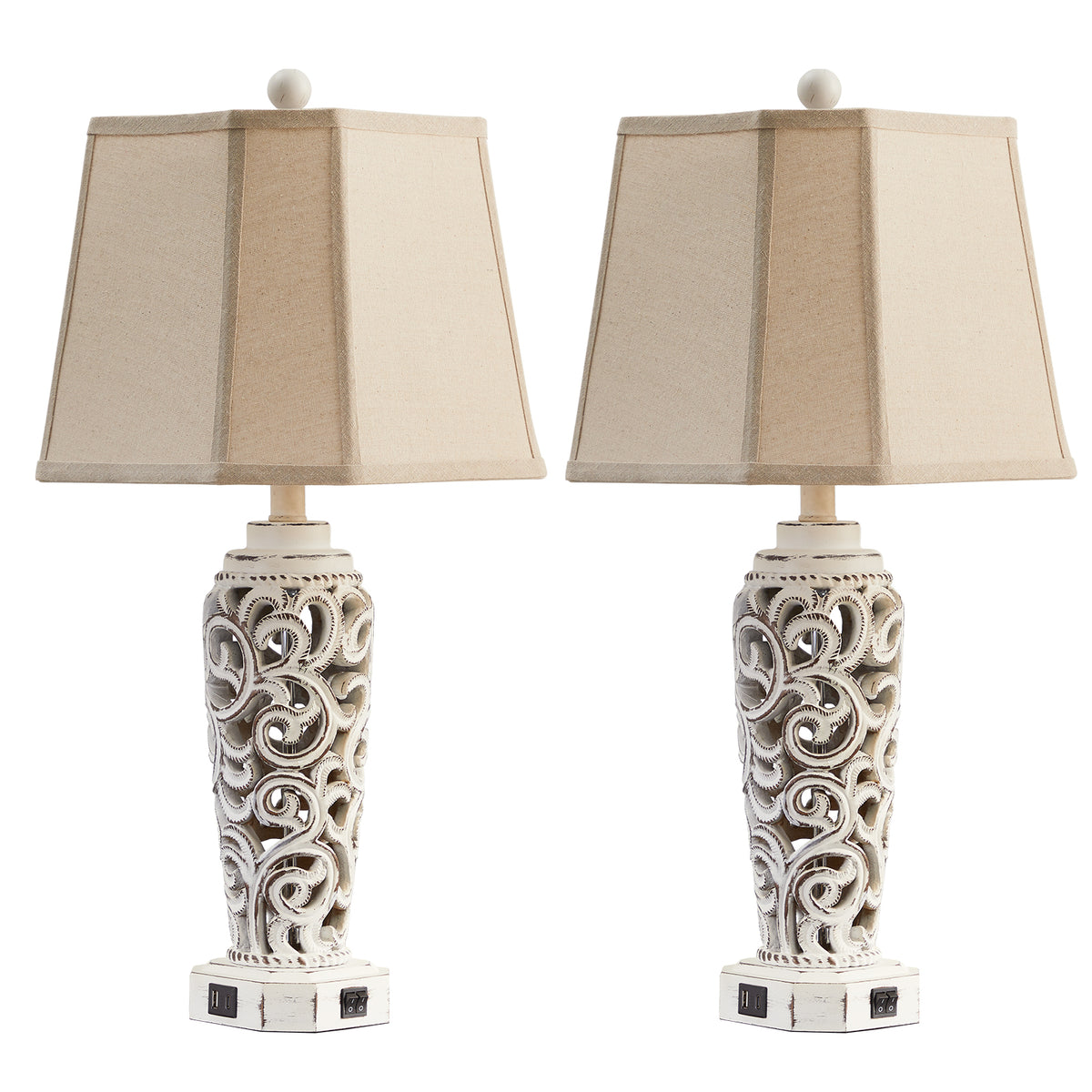 JUJUYUYOP 27" White Rustic Farmhouse Style Living Room Table Lamps Set of 2, Dual USB Charging Ports Ideal for Nightstands (Bulbs Included)