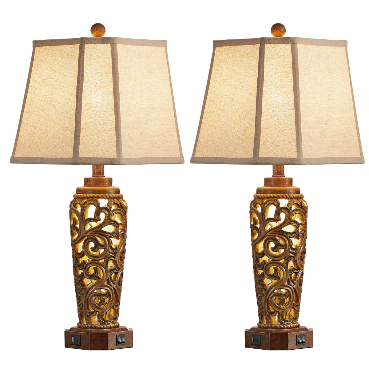 JUJUYUYOP 27" Living Room Farmhouse Table Lamps Set of 2 with Dual USB Ports Red-Brown Resin Vintage Bedside Table Lamp ，Suitable for entryways and offices (bulb included)