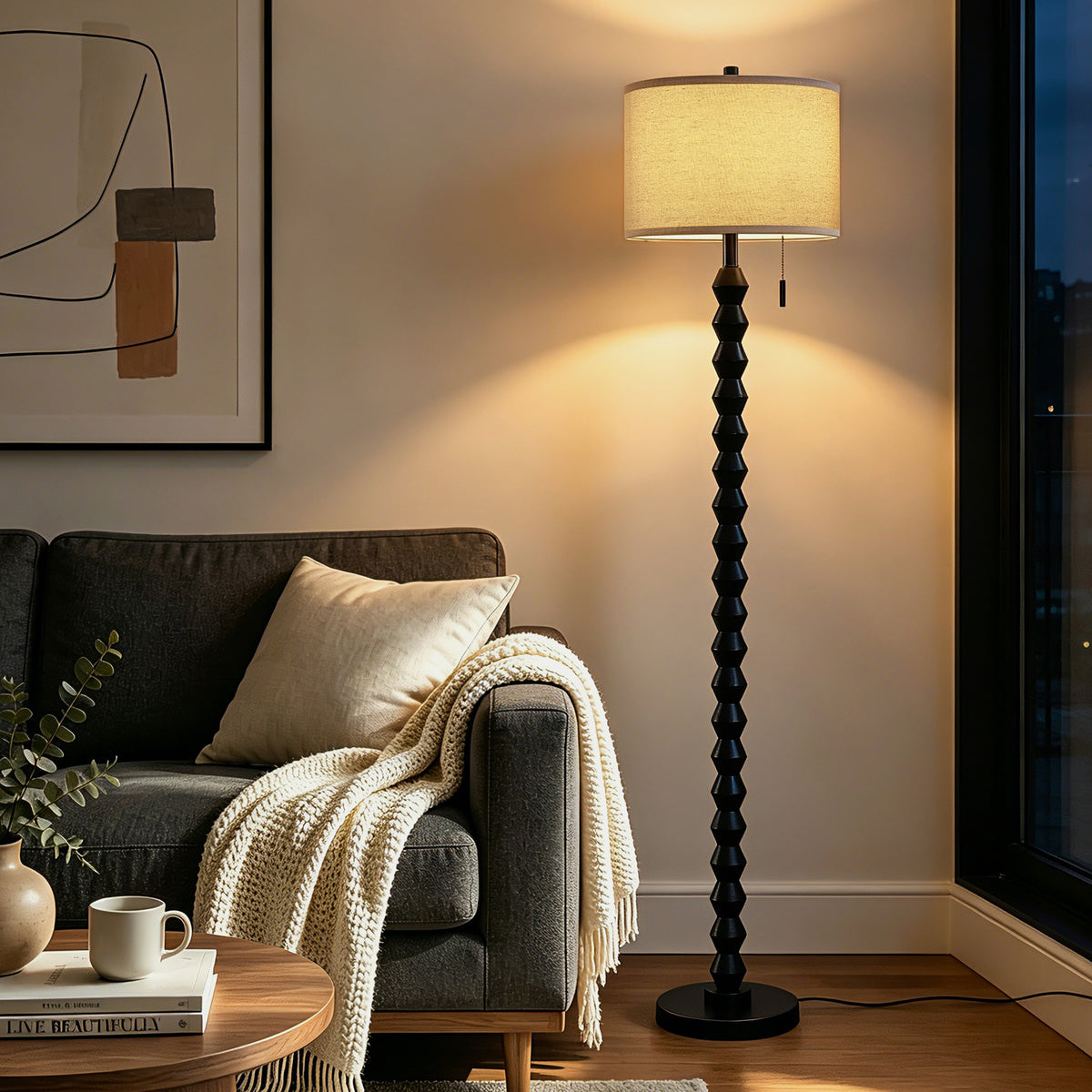 RORIA 65”Black Solid Wood Floor Lamp, with a Round Linen Shade and Pull Cord Switch,modern Standing Lamp,for Living Room, Bedrooms, and Offices（bulb included）