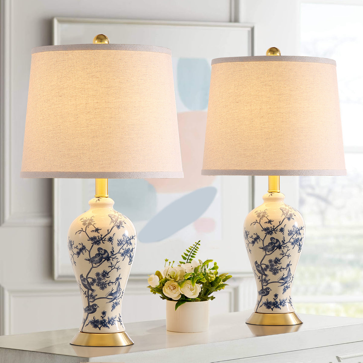 JUJUYUYOP 24"Traditional Chinese Blue-and-White Porcelain Table Lamps Set of 2, Suitable for Bedside Tables, Living Rooms, and Entryways (Bulb Included)