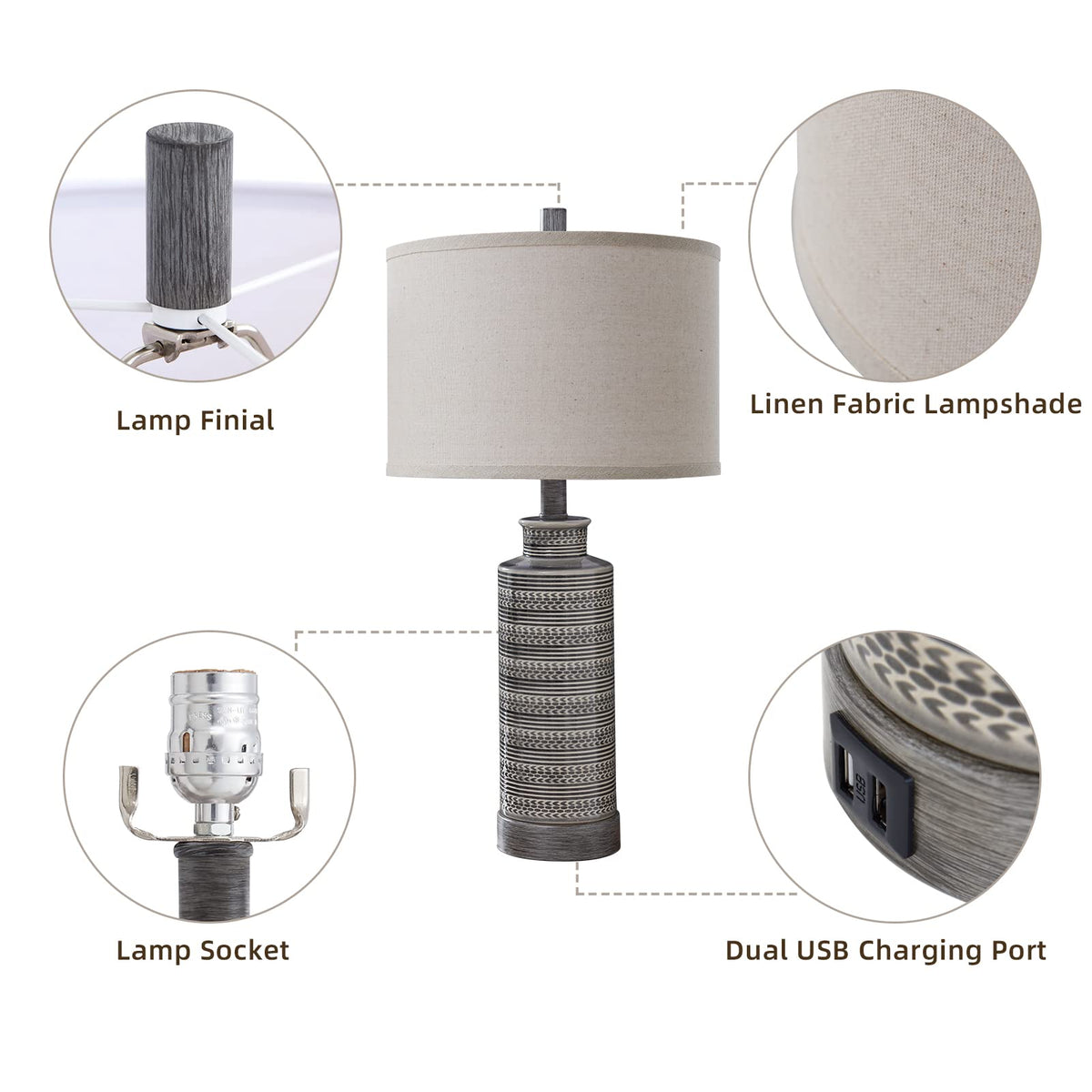 JUJUYUYOP 3 Way Dimmable Touch Ceramic Table Lamp Set of 2, with USB Port, 24"Farmhouse-Style Bedside Lamp, Suitable for Bedrooms and Living Rooms (Bulbs Included)