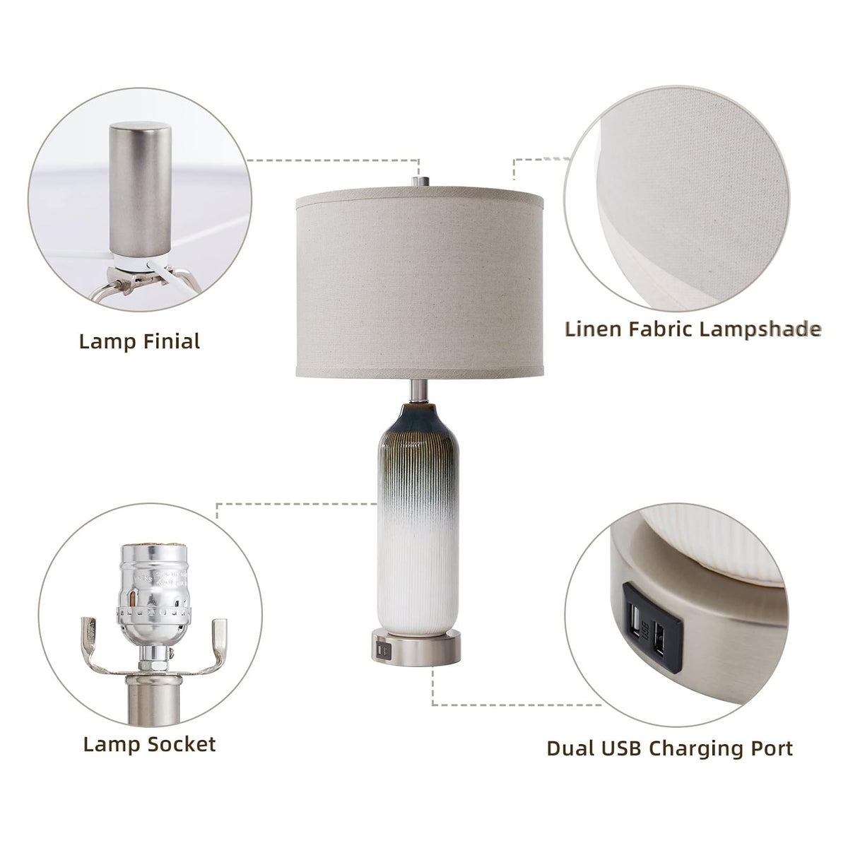 JUJUYUYOP 3 Way Dimmable Ceramic Table Lamps Set of 2 with Dual USB Ports, 25.5" Touch-Control Modern Bedside Lamp, for Bedrooms and Living Rooms (Bulb Included)
