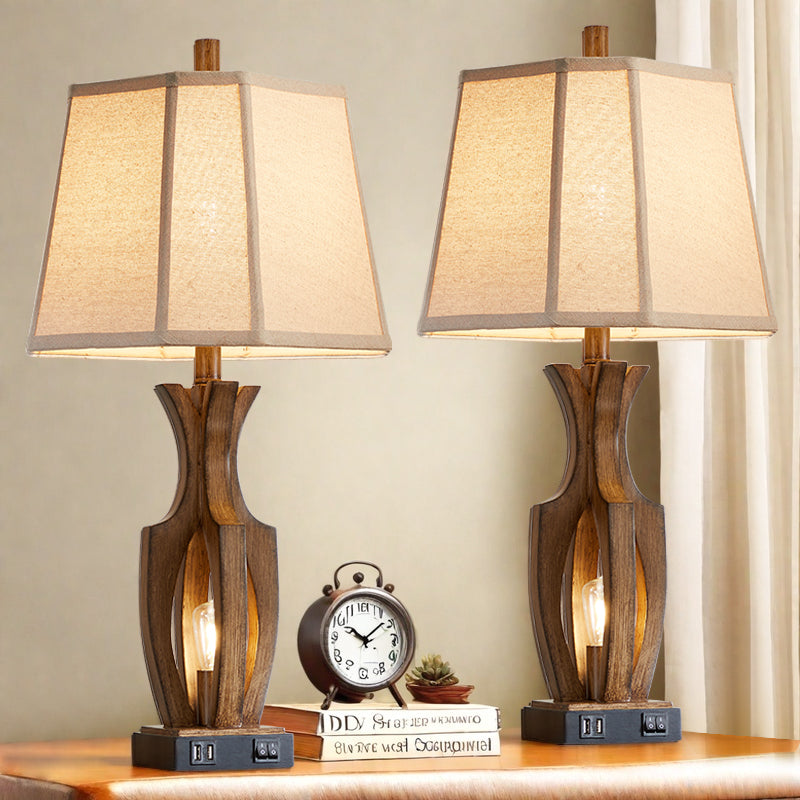 26 "wood grain table lamp with night light and dual USB ports (set of 2)