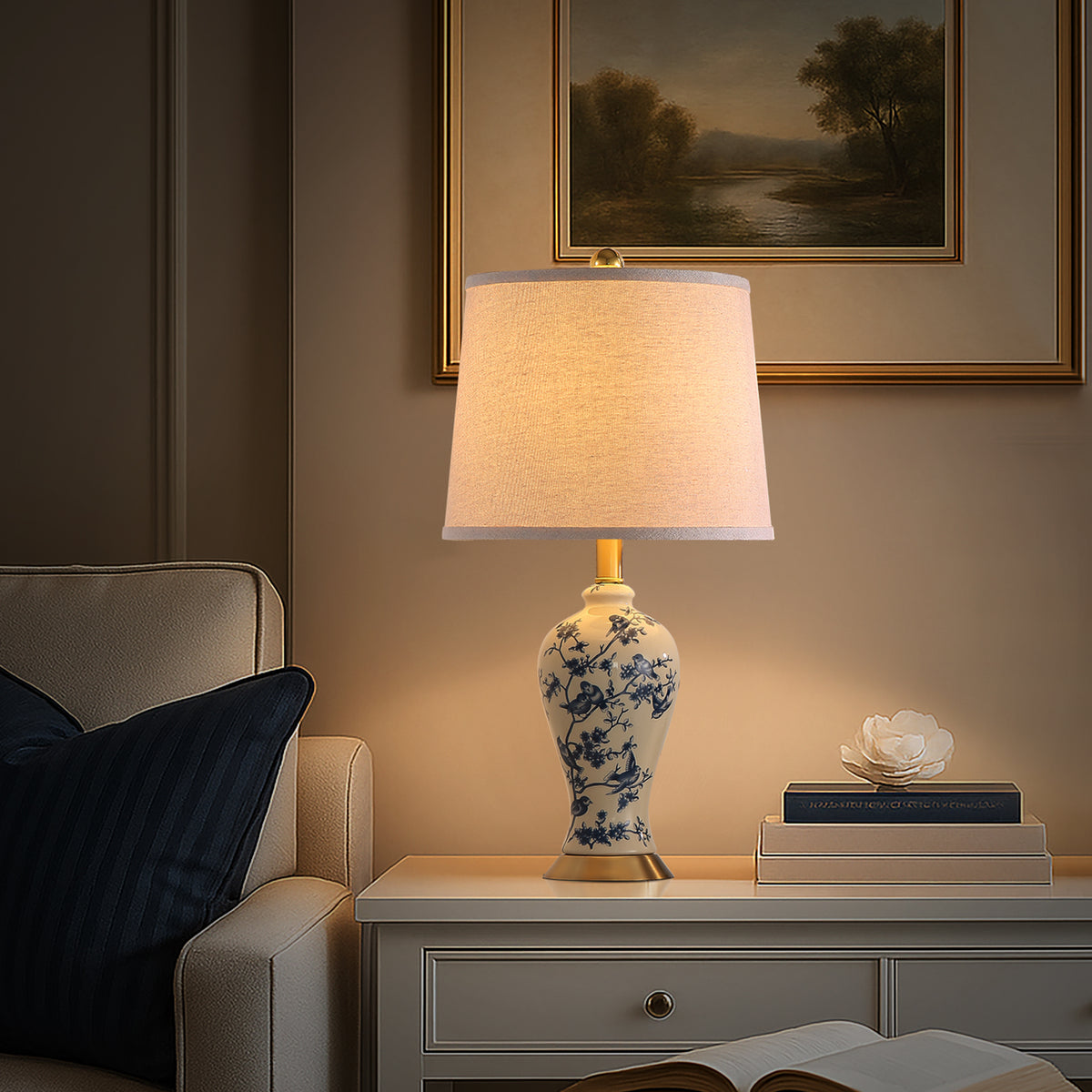 JUJUYUYOP 24"Traditional Chinese Blue-and-White Porcelain Table Lamps Set of 2, Suitable for Bedside Tables, Living Rooms, and Entryways (Bulb Included)