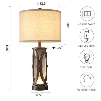 26" Industrial Table Lamp set with Dual USB Ports And Night Light ( Set of 2)
