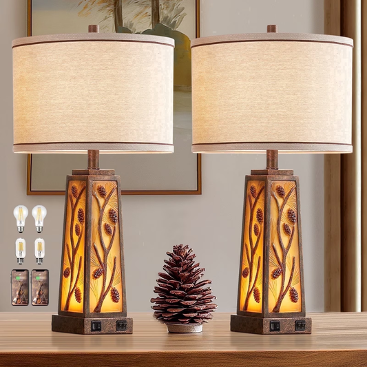 RORIA 25” Living Room Table Lamps Set of 2 With Dual USB Charging Ports and Night Light, Modern Farmhouse Style, Amber Resin Base, for Bedroom Bedside Lamps