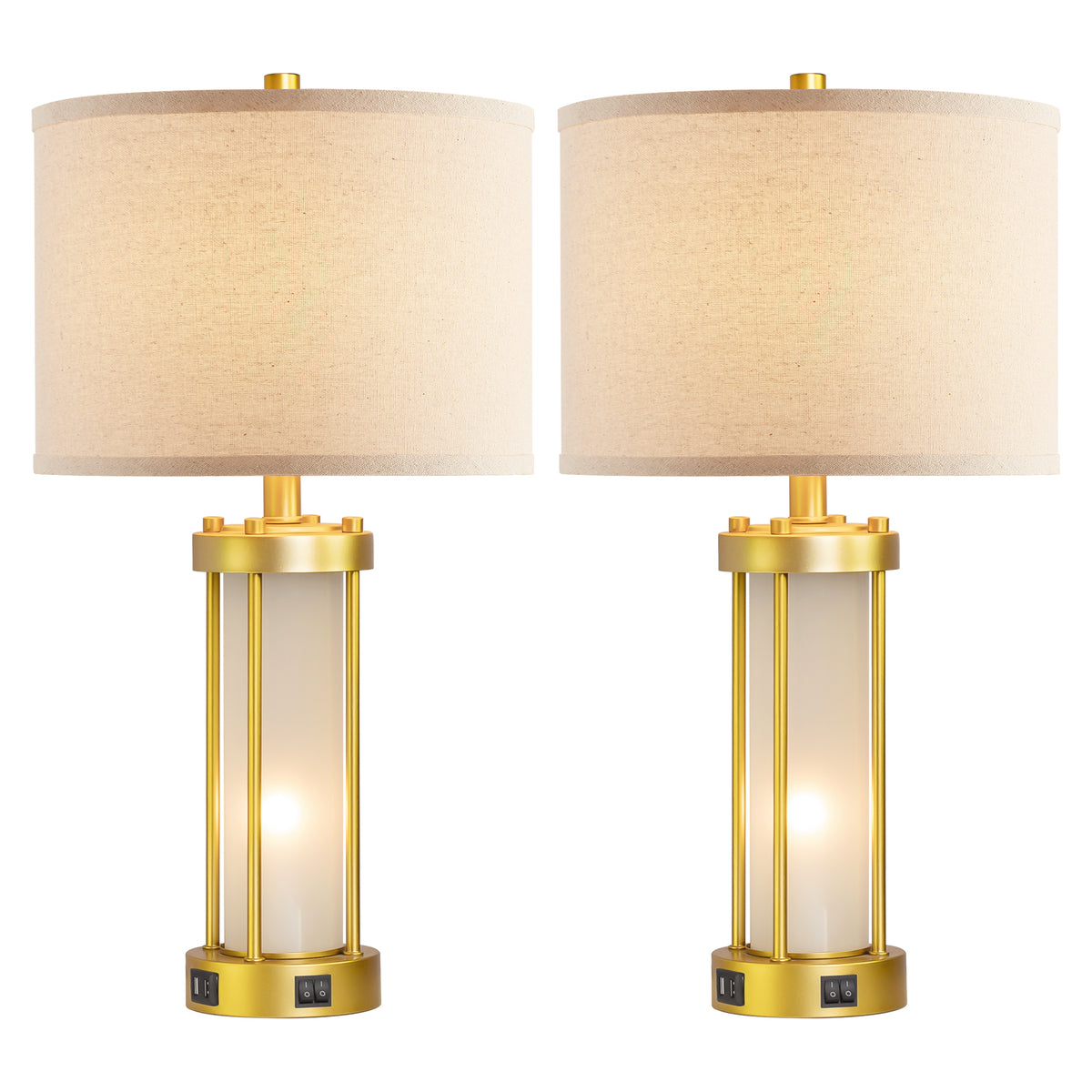 RORIA Set of 2 24" Gold Table Lamps with USB-C+A Ports, Metal & Glass Base with lndependent Night Light, for Bedroom Living Room