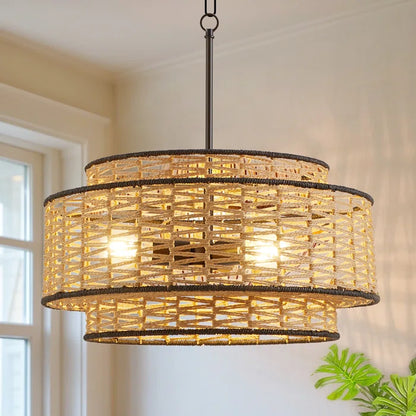 Anela 3-Light 20" Woven Rope Drum Shade Chandelier - Handcrafted Boho Pendant Light for Living Room & Dining Room (Adjustable Chain Included)