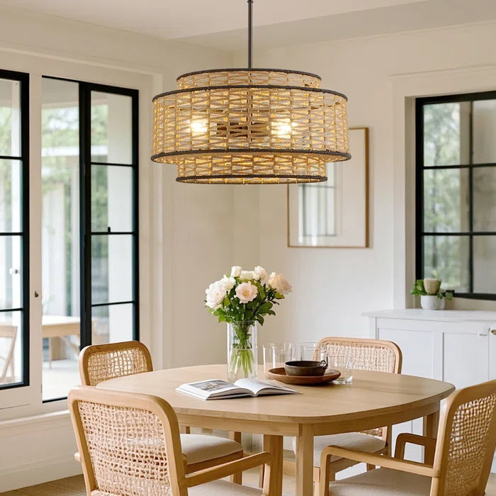 Anela 3-Light 20" Woven Rope Drum Shade Chandelier - Handcrafted Boho Pendant Light for Living Room & Dining Room (Adjustable Chain Included)