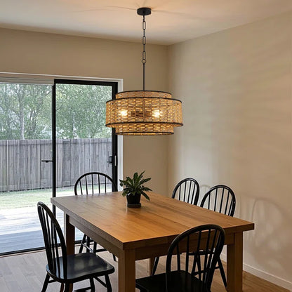 Anela 3-Light 20" Woven Rope Drum Shade Chandelier - Handcrafted Boho Pendant Light for Living Room & Dining Room (Adjustable Chain Included)