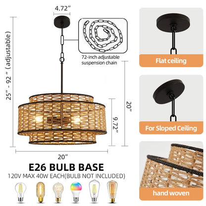 Anela 3-Light 20" Woven Rope Drum Shade Chandelier - Handcrafted Boho Pendant Light for Living Room & Dining Room (Adjustable Chain Included)