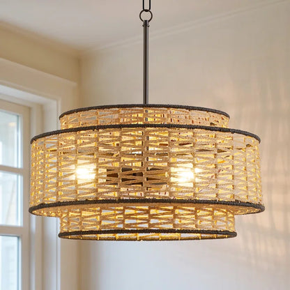 Anela 3-Light 20" Woven Rope Drum Shade Chandelier - Handcrafted Boho Pendant Light for Living Room & Dining Room (Adjustable Chain Included)