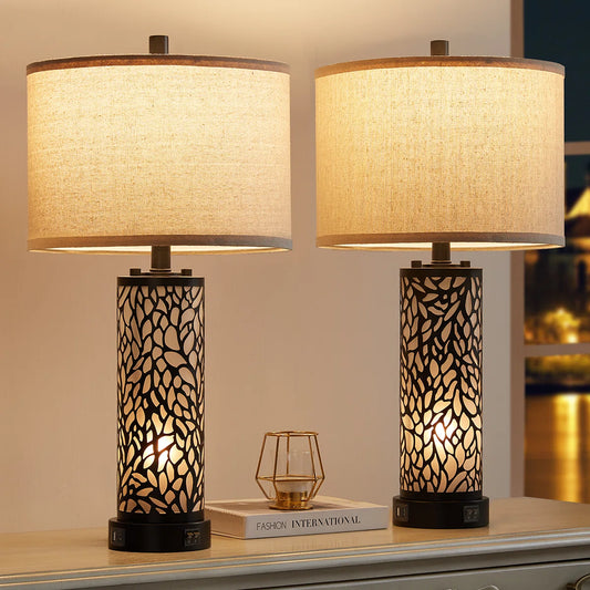 Hendrike 25" Carved Metal+Glass Table Lamp Set With Night Light And USB Ports (Set of 2)
