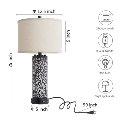 Hendrike 25" Carved Metal+Glass Table Lamp Set With Night Light And USB Ports (Set of 2)