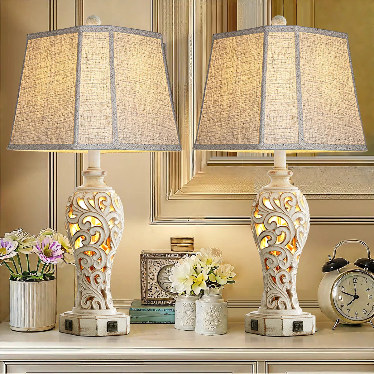 Hettel 25" Resin Carved Table Lamp Set With Night Light And USB Ports