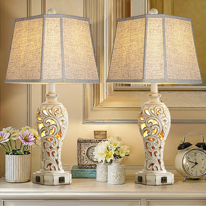 Hettel 25" Resin Carved Table Lamp Set With Night Light And USB Ports