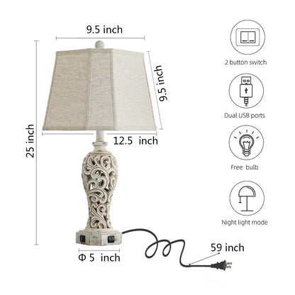 Hettel 25" Resin Carved Table Lamp Set With Night Light And USB Ports