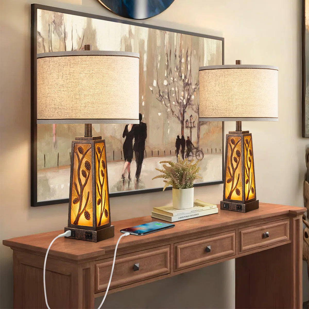 Jariah 25" Resin Table Lamp Set With Night Light And USB Ports