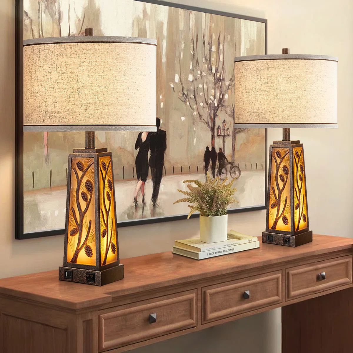 Jariah 25" Resin Table Lamp Set With Night Light And USB Ports