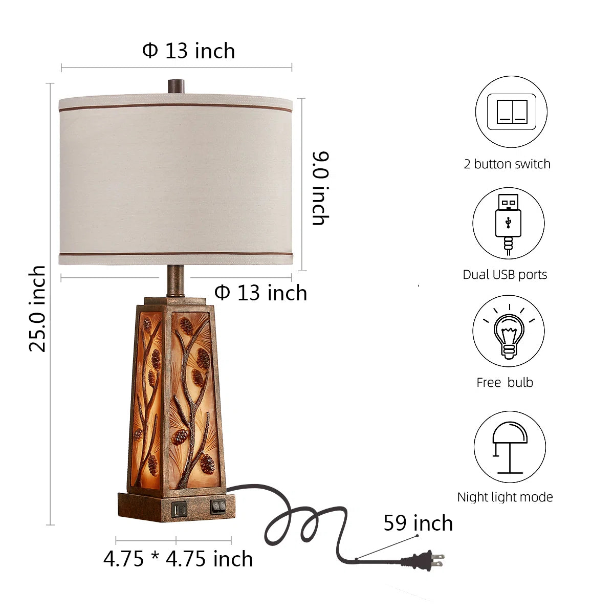 Jariah 25" Resin Table Lamp Set With Night Light And USB Ports